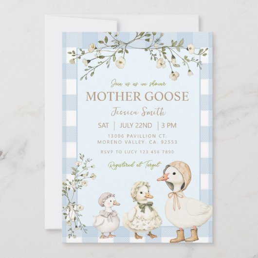 Invitation Fête de bébé Garçon Oie Mère Bleue (Devant)