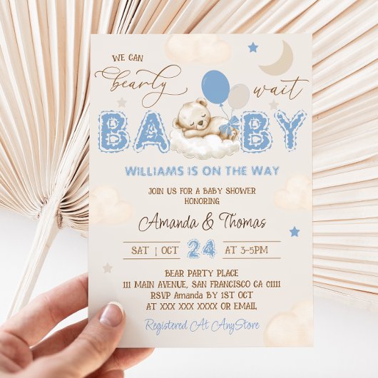 Invitation Fête de bébé garçon ours bleu 