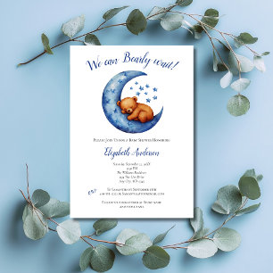 Invitation Fête de bébé garçon ours bleu lune à peine attendr