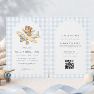 Invitation Fête de bébé garçon Ourson avion Gingham Tout en U