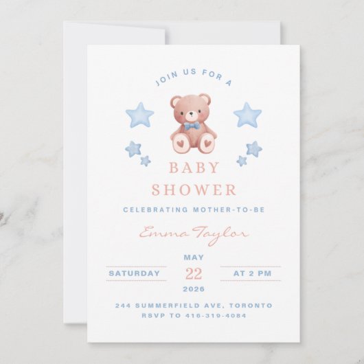 Invitation Fête de bébé garçon Ourson - Étoiles Bleu Clair (Devant)
