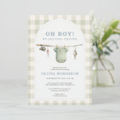 Invitation Fête de Bébé Garçon Pêche Gingham Vert (Debout devant)