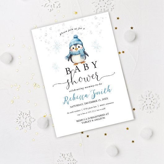 Invitation Fête de bébé garçon pingouin bleu mignon hiver
