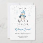 Invitation Fête de bébé garçon pingouin bleu mignon hiver (Devant)