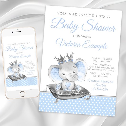 Invitation Fête de bébé garçon Prince Éléphant