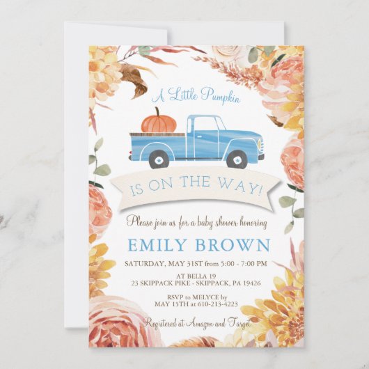 Invitation Fête de bébé garçon PUMPKIN Bleu Floral d'Automne  (Devant)