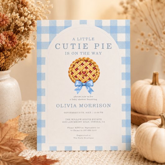 Invitation Fête de Bébé Garçon Ruban Bleu Gingham Cutie Pie