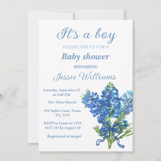 Invitation Fête de bébé garçon rustique aux bleuets du Texas (Devant)