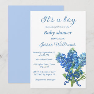 Invitation Fête de bébé garçon rustique aux bleuets du Texas 