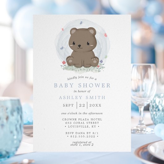 Invitation Fête de Bébé Garçon Simple et Mignonne avec Ours B