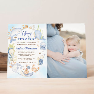 Invitation Fête de bébé garçon Sous la mer bleu Ahoy