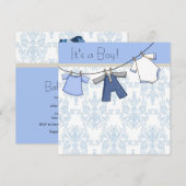 Invitation Fête de bébé garçon sur un fil à linge (Devant / Derrière)