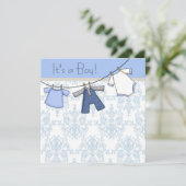 Invitation Fête de bébé garçon sur un fil à linge (Debout devant)