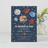 Invitation Fête de Bébé Garçon Thème Planètes Espace (Debout devant)