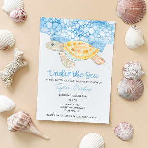 Invitation Fête de bébé garçon tortue de mer peinte sous la m