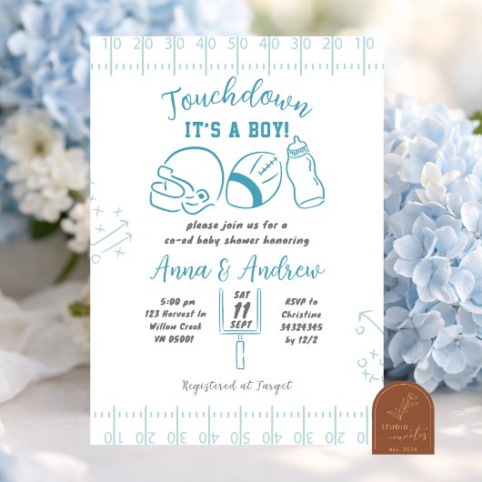 Invitation Fête de Bébé Garçon Touchdown Dessinée à la Main