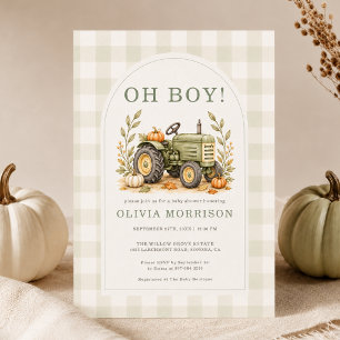 Invitation Fête de bébé garçon tracteur d'automne en vichy