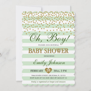 Invitation Fête de bébé garçon vert clair kaki or confettis O