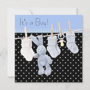 Invitation Fête de bébé garçon vêtements ligne noir bleu