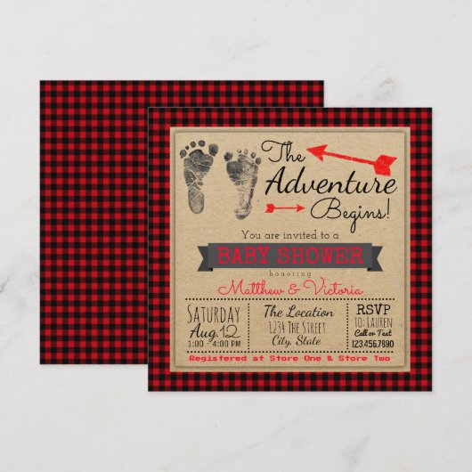 Invitation Fête de bébé garçons style bûcheron carreaux de bi (Devant / Derrière)