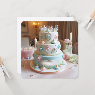 INVITATION FETE DE BÉBÉ, GÂTEAU BLEU ET BLANC AVEC TÉTINES
