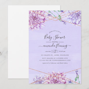 Invitation Fête de bébé géométrique florale lavande et or