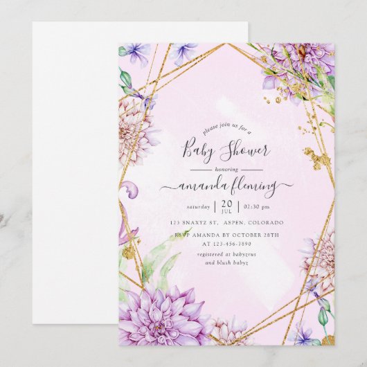 Invitation Fête de bébé géométrique florale violette et or (Devant / Derrière)