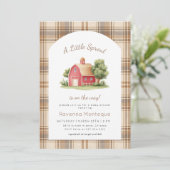 Invitation Fête de Bébé Gingham Brun Petite Pousse Grange Rou (Debout devant)