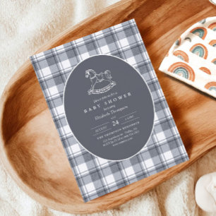 Invitation Fête de Bébé Gingham Cheval à Bascule Vintage Élég