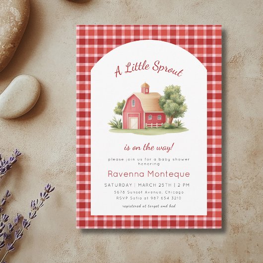 Invitation Fête de Bébé Gingham Rouge Grange Petite Pousse