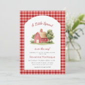 Invitation Fête de Bébé Gingham Rouge Grange Petite Pousse (Debout devant)