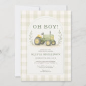 Invitation Fête de Bébé Gingham Tracteur de Ferme (Devant)