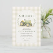 Invitation Fête de Bébé Gingham Tracteur de Ferme (Debout devant)