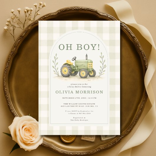 Invitation Fête de Bébé Gingham Tracteur de Ferme