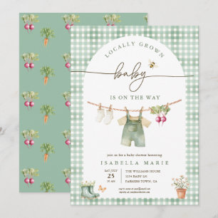 Invitation Fête de Bébé Gingham Vert Sauge Localement Cultivé