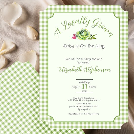Invitation Fête de Bébé Gingham Vert Sauge Produit Local