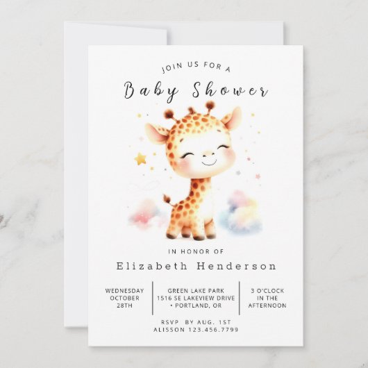 Invitation Fête de bébé girafe à l'aquarelle modifiable (Devant)