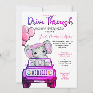 Invitation Fête de bébé Girl Drive By Éléphant Rose Violet