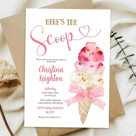 Invitation Fête de bébé glace fille ruban rose C6