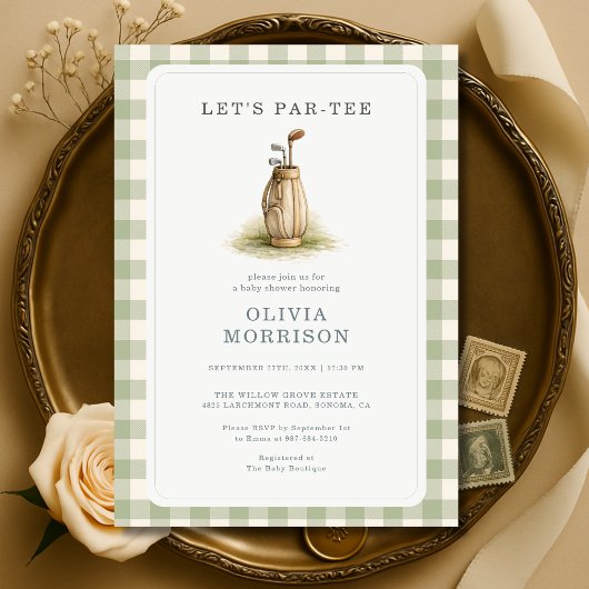 Invitation Fête de bébé Golf Par-Tee Gingham Vert Sauge