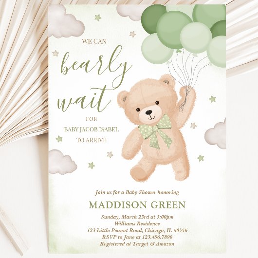 Invitation Fête de Bébé Green We Can Bearly Wait