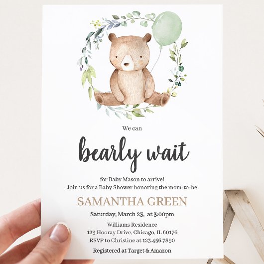 Invitation Fête de bébé Greenery Bear