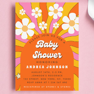 Invitation Fête de Bébé Groovy Rétro Hippie Arche Fleur de Da