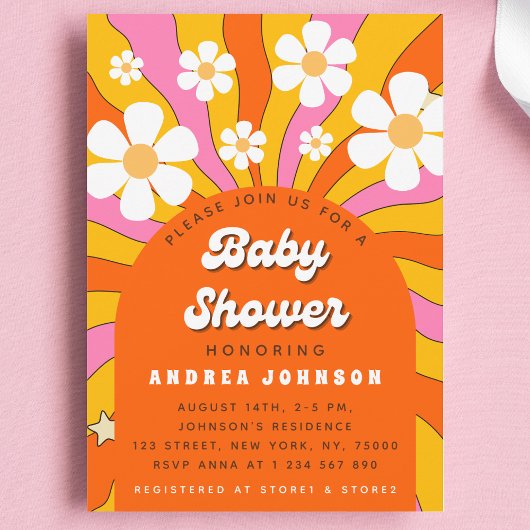 Invitation Fête de Bébé Groovy Rétro Hippie Arche Fleur de Da