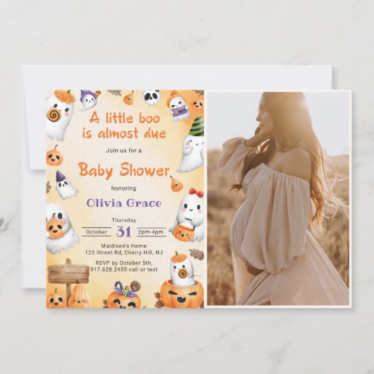 Invitation Fête de bébé Halloween citrouille fantôme Little B (Devant)