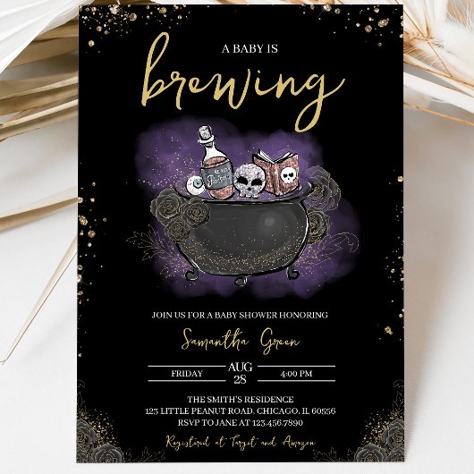 Invitation Fête de Bébé Halloween Gothique Or Violet