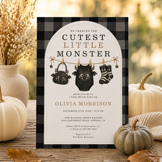 Invitation Fête de bébé Halloween Monstre Linge Gingham
