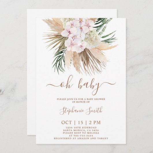 Invitation Fête de bébé Herbe des Pampas fille (Devant / Derrière)