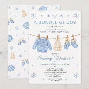 Invitation Fête de bébé hiver avec linge à linge tricoté bleu
