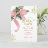 Invitation Fête de Bébé Hiver Coquette Rose Ruban (Debout devant)